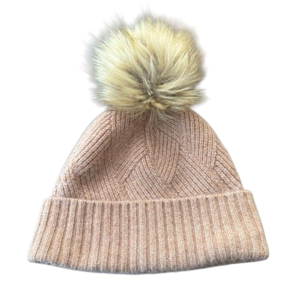 Nordstrom Beanie Recycled Cashmere Pom Winter Cashew Tan Faux Fur
